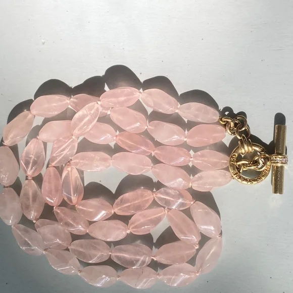 Designer SLANE ~ 18K Yellow Gold ~ Rose Quartz & Diamond Necklace Double Strand - Picture 7 of 16